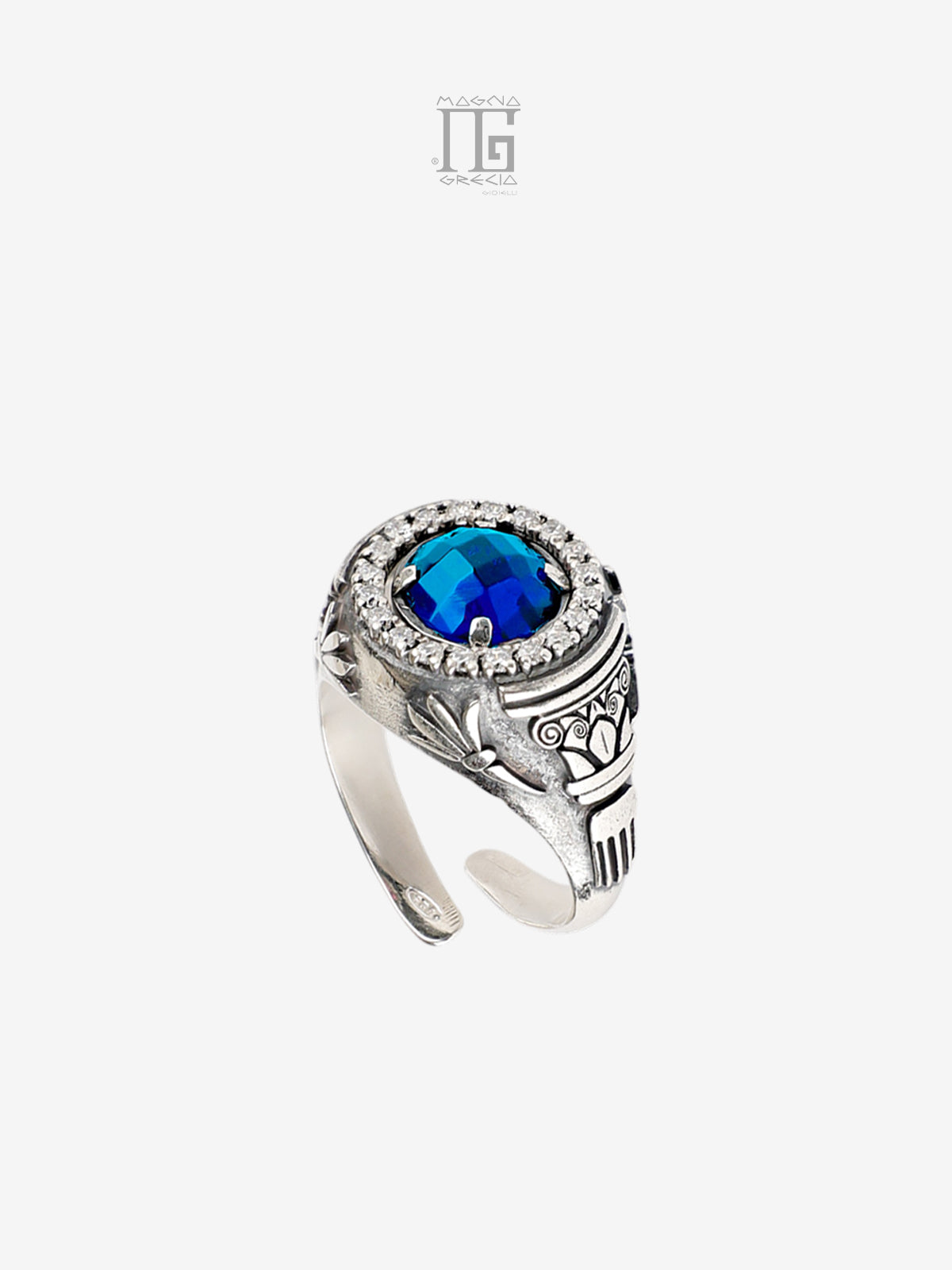 Anello Antica Grecia in argento 925 con cristallo blu e zirconi
