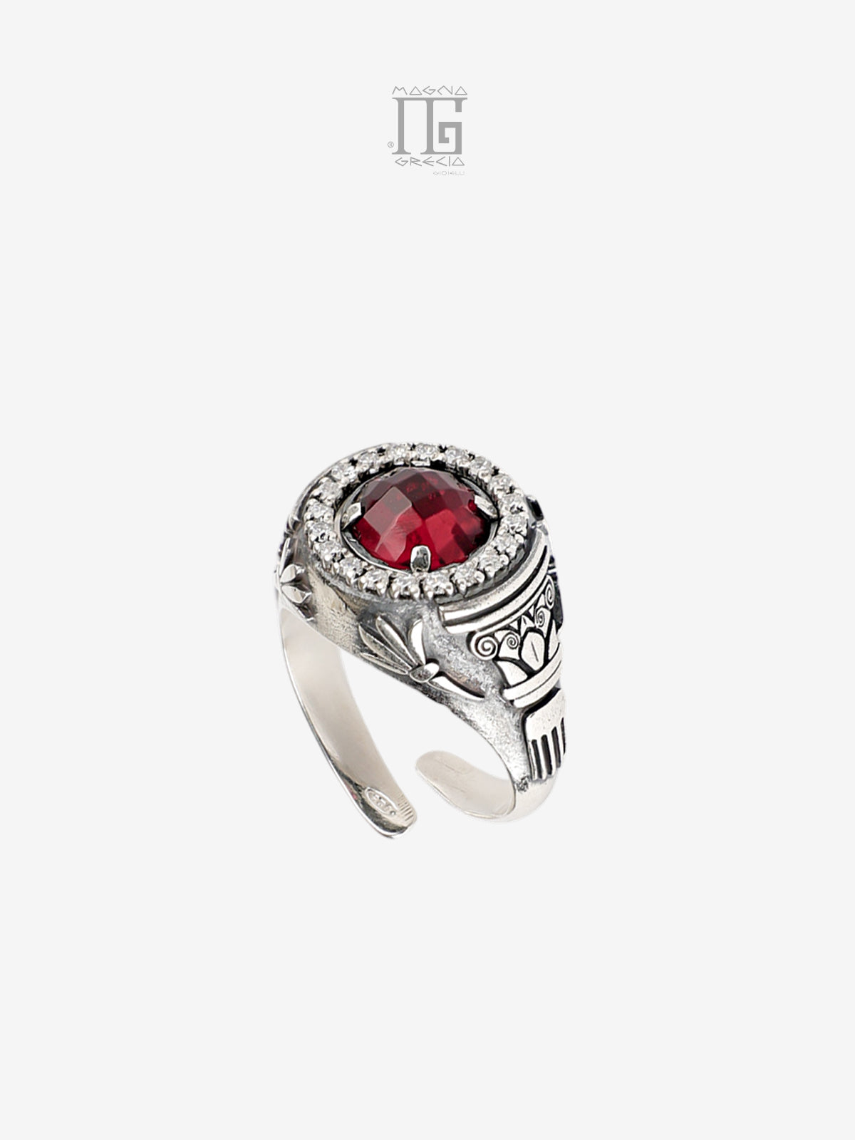 Anello Antica Grecia in argento 925 con cristallo rosso e zirconi