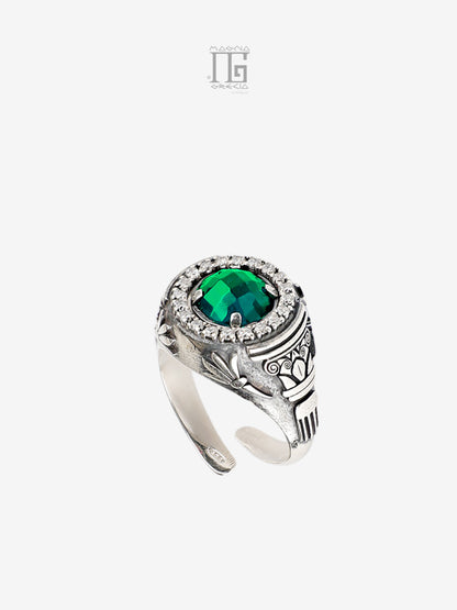 Anello Antica Grecia in argento 925 con cristallo verde e zirconi