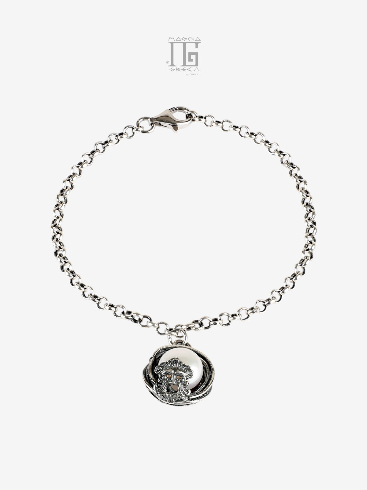 Bracciale Aion in argento 925 con perla d’acqua dolce e maschera apotropaica