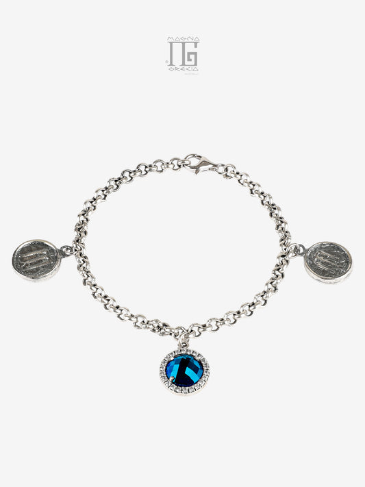 Bracciale in argento 925 con cristallo blu zirconi e statere dell’antica Kroton con tripode sacro
