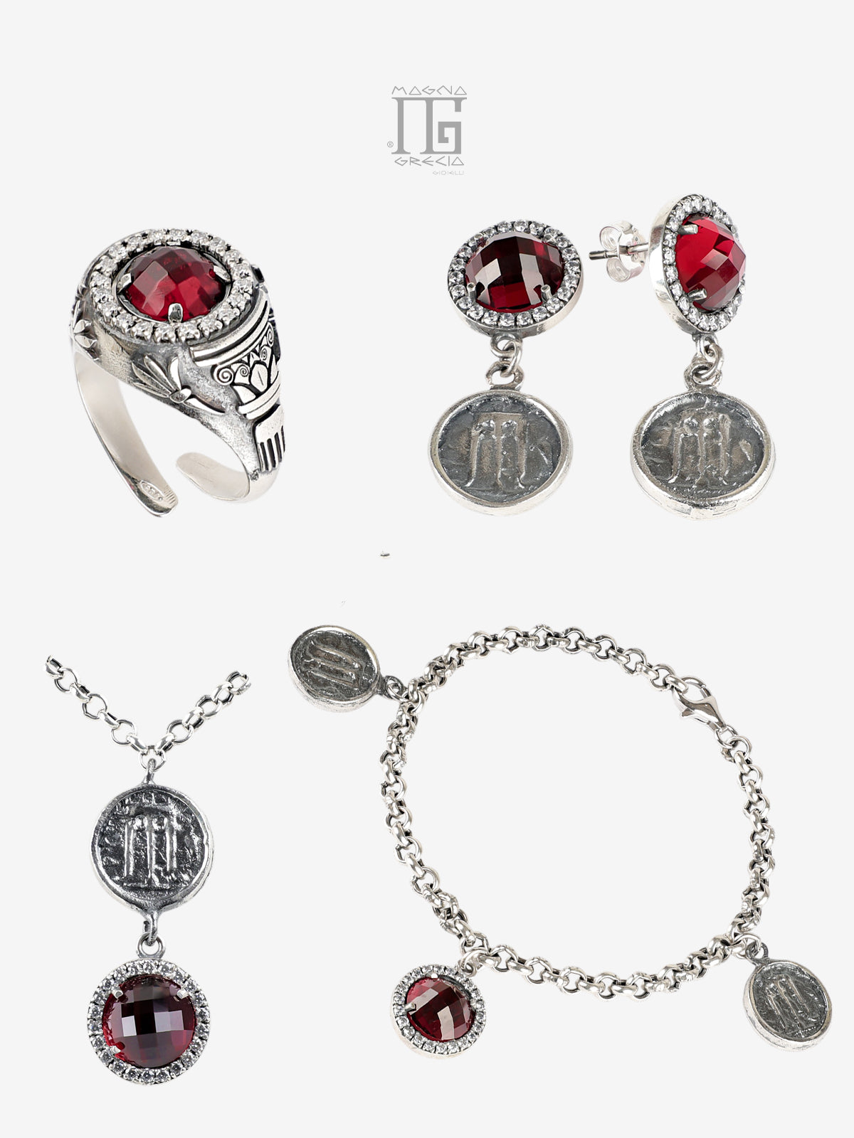 Parure Antica Grecia in Argento 925 con Statere di Kroton e Cristallo Rosso